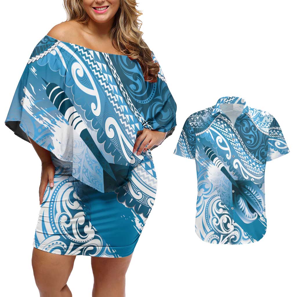 Personalised New Zealand Aotearoa Darts Masters Couples Matching Off Shoulder Short Dress and Hawaiian Shirt Maori Art Tattoo with Tribal Dart Symbol Blue LT03 Blue - Polynesian Pride
