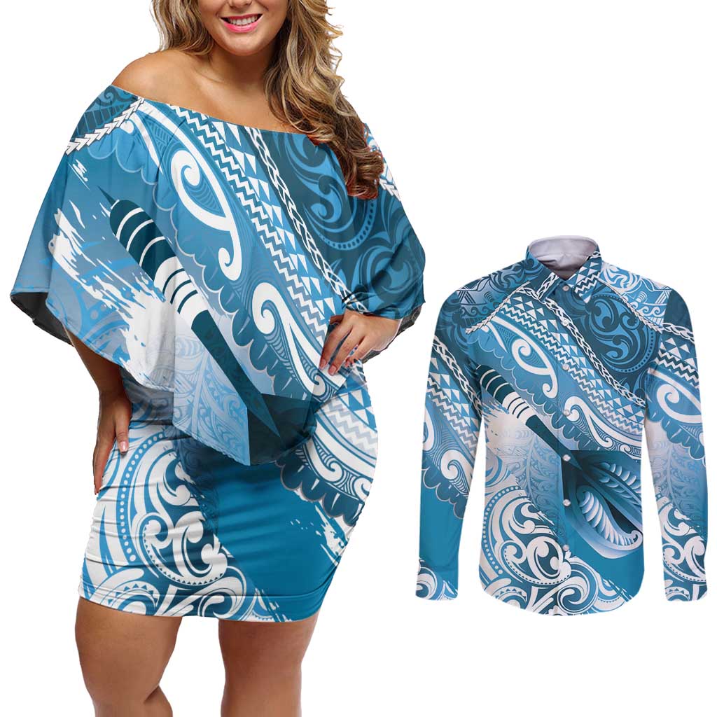 Personalised New Zealand Aotearoa Darts Masters Couples Matching Off Shoulder Short Dress and Long Sleeve Button Shirt Maori Art Tattoo with Tribal Dart Symbol Blue LT03 Blue - Polynesian Pride