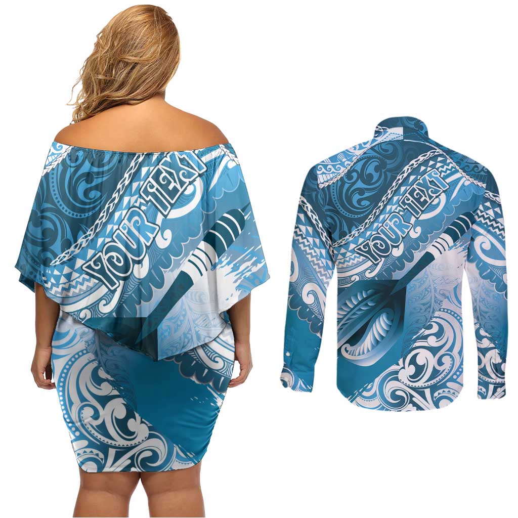 Personalised New Zealand Aotearoa Darts Masters Couples Matching Off Shoulder Short Dress and Long Sleeve Button Shirt Maori Art Tattoo with Tribal Dart Symbol Blue LT03 - Polynesian Pride