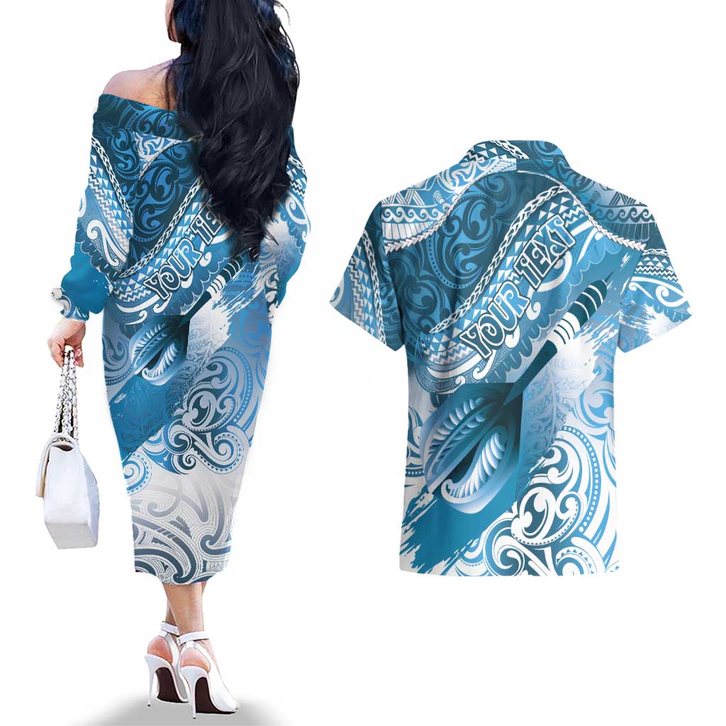 Personalised New Zealand Aotearoa Darts Masters Couples Matching Off The Shoulder Long Sleeve Dress and Hawaiian Shirt Maori Art Tattoo with Tribal Dart Symbol Blue LT03 - Polynesian Pride