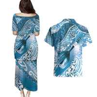 Personalised New Zealand Aotearoa Darts Masters Couples Matching Puletasi and Hawaiian Shirt Maori Art Tattoo with Tribal Dart Symbol Blue LT03 - Polynesian Pride