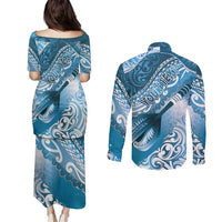 Personalised New Zealand Aotearoa Darts Masters Couples Matching Puletasi and Long Sleeve Button Shirt Maori Art Tattoo with Tribal Dart Symbol Blue LT03 - Polynesian Pride