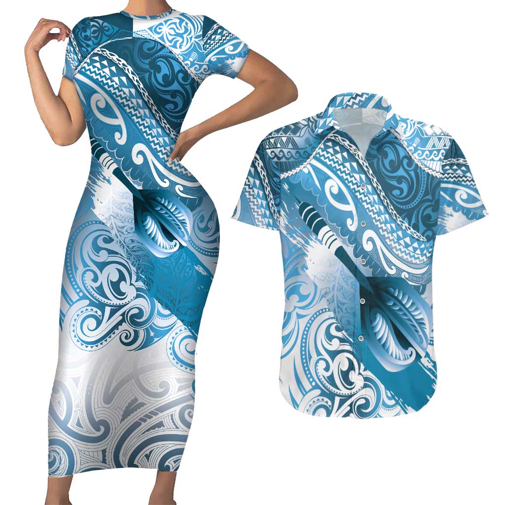 Personalised New Zealand Aotearoa Darts Masters Couples Matching Short Sleeve Bodycon Dress and Hawaiian Shirt Maori Art Tattoo with Tribal Dart Symbol Blue LT03 Blue - Polynesian Pride