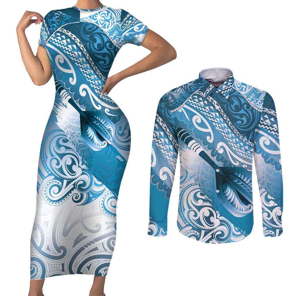 Personalised New Zealand Aotearoa Darts Masters Couples Matching Short Sleeve Bodycon Dress and Long Sleeve Button Shirt Maori Art Tattoo with Tribal Dart Symbol Blue LT03 Blue - Polynesian Pride
