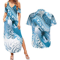 Personalised New Zealand Aotearoa Darts Masters Couples Matching Summer Maxi Dress and Hawaiian Shirt Maori Art Tattoo with Tribal Dart Symbol Blue LT03 Blue - Polynesian Pride