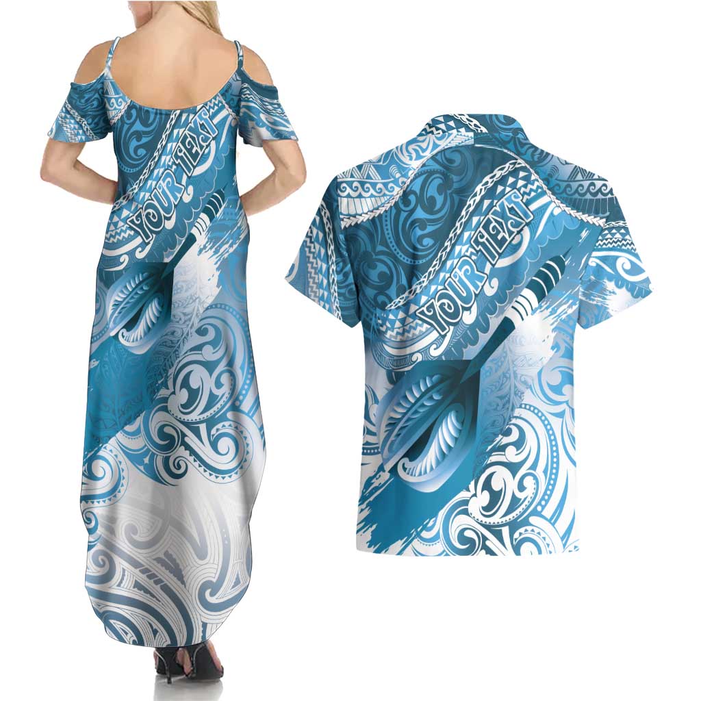 Personalised New Zealand Aotearoa Darts Masters Couples Matching Summer Maxi Dress and Hawaiian Shirt Maori Art Tattoo with Tribal Dart Symbol Blue LT03 - Polynesian Pride