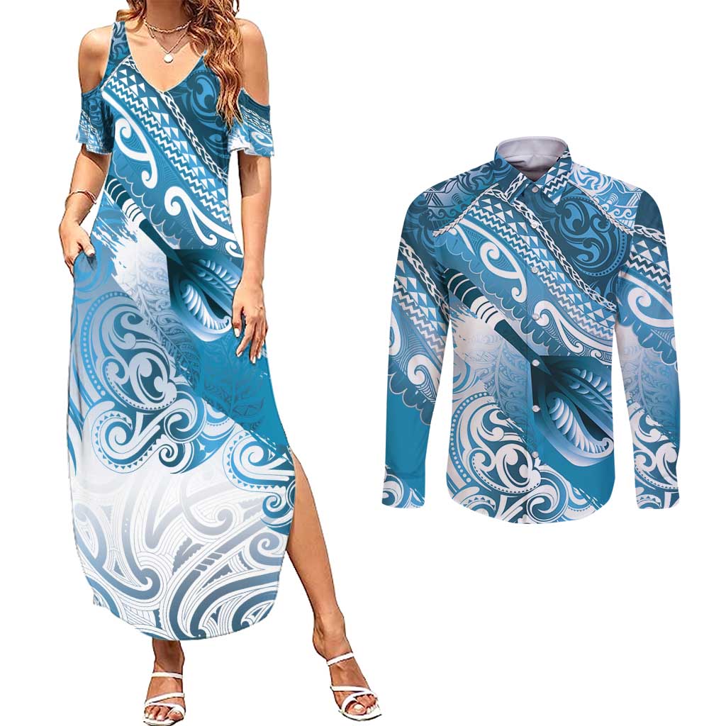 Personalised New Zealand Aotearoa Darts Masters Couples Matching Summer Maxi Dress and Long Sleeve Button Shirt Maori Art Tattoo with Tribal Dart Symbol Blue LT03 Blue - Polynesian Pride