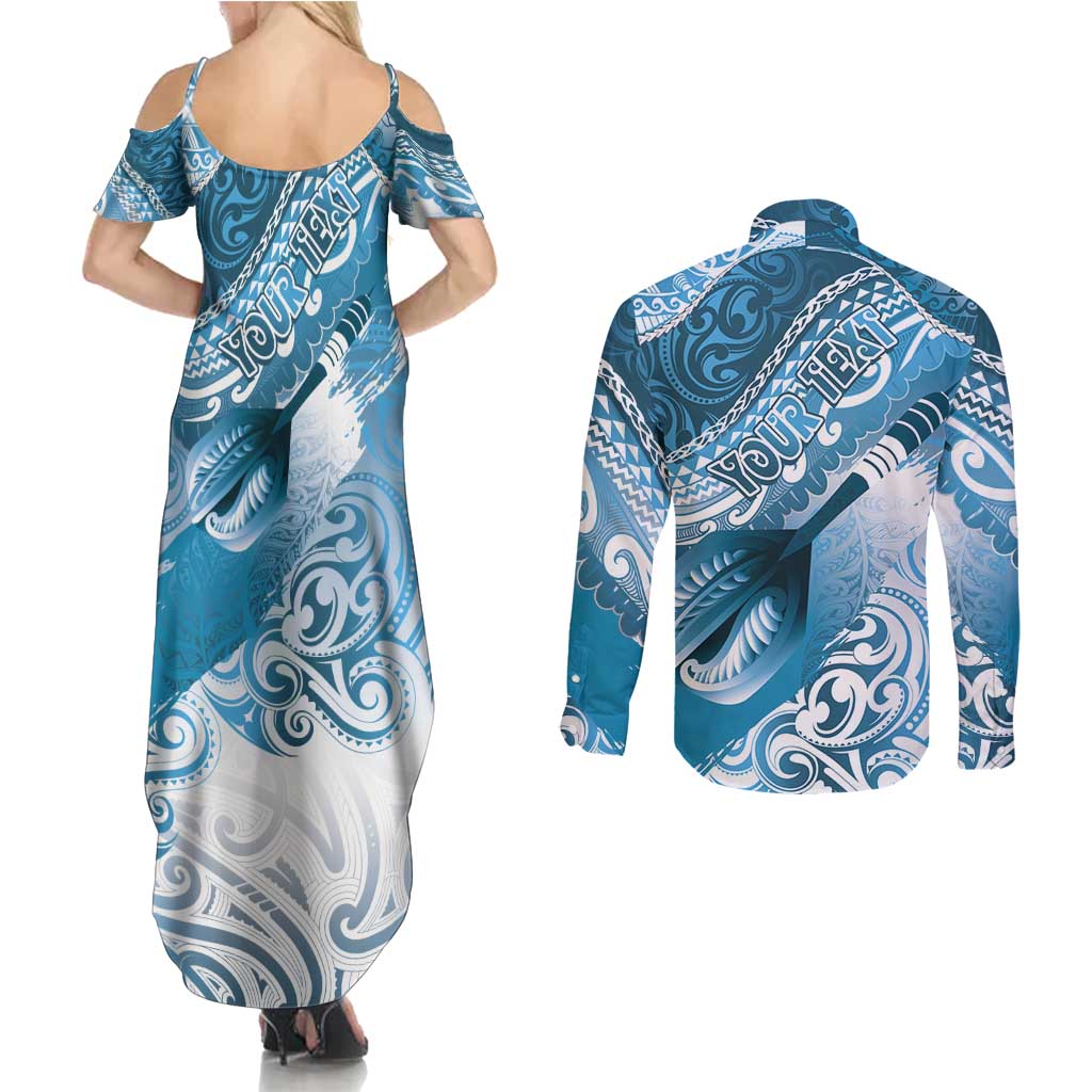 Personalised New Zealand Aotearoa Darts Masters Couples Matching Summer Maxi Dress and Long Sleeve Button Shirt Maori Art Tattoo with Tribal Dart Symbol Blue LT03 - Polynesian Pride