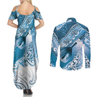Personalised New Zealand Aotearoa Darts Masters Couples Matching Summer Maxi Dress and Long Sleeve Button Shirt Maori Art Tattoo with Tribal Dart Symbol Blue LT03 - Polynesian Pride