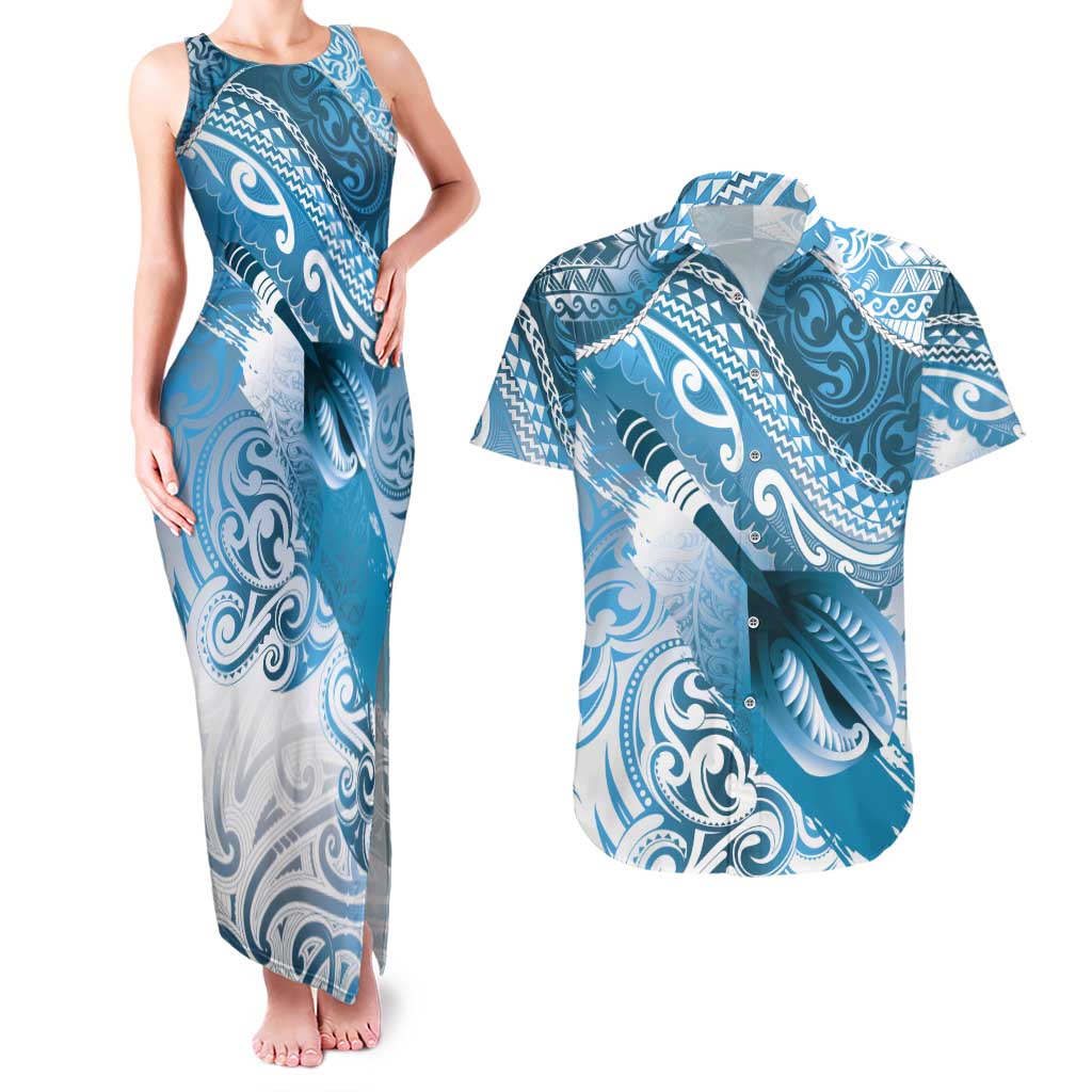 Personalised New Zealand Aotearoa Darts Masters Couples Matching Tank Maxi Dress and Hawaiian Shirt Maori Art Tattoo with Tribal Dart Symbol Blue LT03 Blue - Polynesian Pride