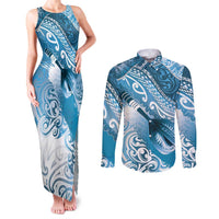 Personalised New Zealand Aotearoa Darts Masters Couples Matching Tank Maxi Dress and Long Sleeve Button Shirt Maori Art Tattoo with Tribal Dart Symbol Blue LT03 Blue - Polynesian Pride