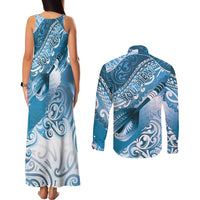 Personalised New Zealand Aotearoa Darts Masters Couples Matching Tank Maxi Dress and Long Sleeve Button Shirt Maori Art Tattoo with Tribal Dart Symbol Blue LT03 - Polynesian Pride