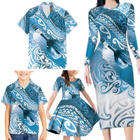 Personalised New Zealand Aotearoa Darts Masters Family Matching Long Sleeve Bodycon Dress and Hawaiian Shirt Maori Art Tattoo with Tribal Dart Symbol Blue LT03 - Polynesian Pride