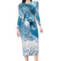 Personalised New Zealand Aotearoa Darts Masters Family Matching Long Sleeve Bodycon Dress and Hawaiian Shirt Maori Art Tattoo with Tribal Dart Symbol Blue LT03 Mom's Dress Blue - Polynesian Pride