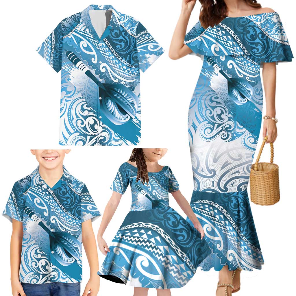 Personalised New Zealand Aotearoa Darts Masters Family Matching Mermaid Dress and Hawaiian Shirt Maori Art Tattoo with Tribal Dart Symbol Blue LT03 - Polynesian Pride