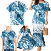Personalised New Zealand Aotearoa Darts Masters Family Matching Mermaid Dress and Hawaiian Shirt Maori Art Tattoo with Tribal Dart Symbol Blue LT03 - Polynesian Pride