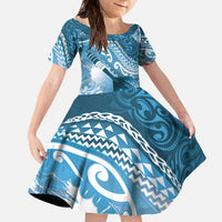 Personalised New Zealand Aotearoa Darts Masters Family Matching Off The Shoulder Long Sleeve Dress and Hawaiian Shirt Maori Art Tattoo with Tribal Dart Symbol Blue LT03 Daughter's Dress Blue - Polynesian Pride