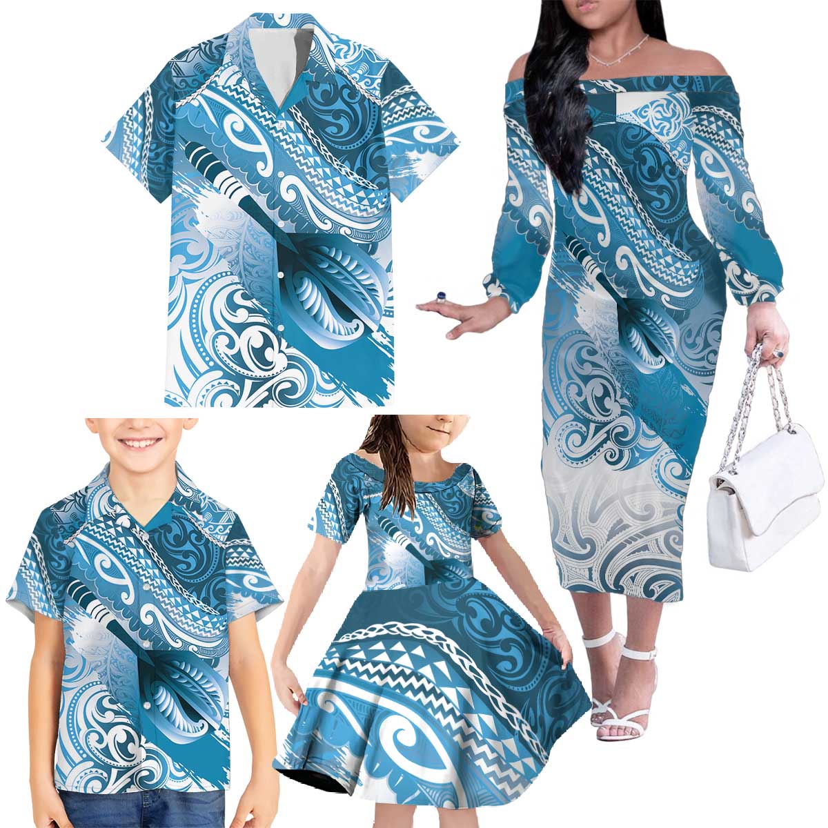 Personalised New Zealand Aotearoa Darts Masters Family Matching Off The Shoulder Long Sleeve Dress and Hawaiian Shirt Maori Art Tattoo with Tribal Dart Symbol Blue LT03 - Polynesian Pride