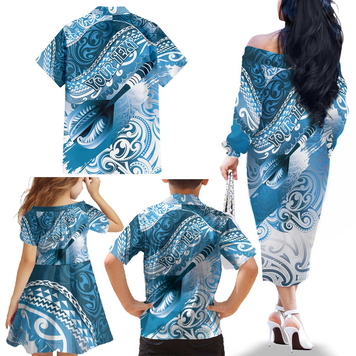 Personalised New Zealand Aotearoa Darts Masters Family Matching Off The Shoulder Long Sleeve Dress and Hawaiian Shirt Maori Art Tattoo with Tribal Dart Symbol Blue LT03 - Polynesian Pride