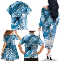 Personalised New Zealand Aotearoa Darts Masters Family Matching Off The Shoulder Long Sleeve Dress and Hawaiian Shirt Maori Art Tattoo with Tribal Dart Symbol Blue LT03 - Polynesian Pride