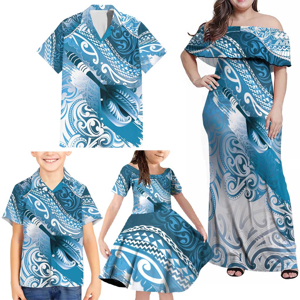 Personalised New Zealand Aotearoa Darts Masters Family Matching Off Shoulder Maxi Dress and Hawaiian Shirt Maori Art Tattoo with Tribal Dart Symbol Blue LT03 - Polynesian Pride