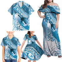 Personalised New Zealand Aotearoa Darts Masters Family Matching Off Shoulder Maxi Dress and Hawaiian Shirt Maori Art Tattoo with Tribal Dart Symbol Blue LT03 - Polynesian Pride