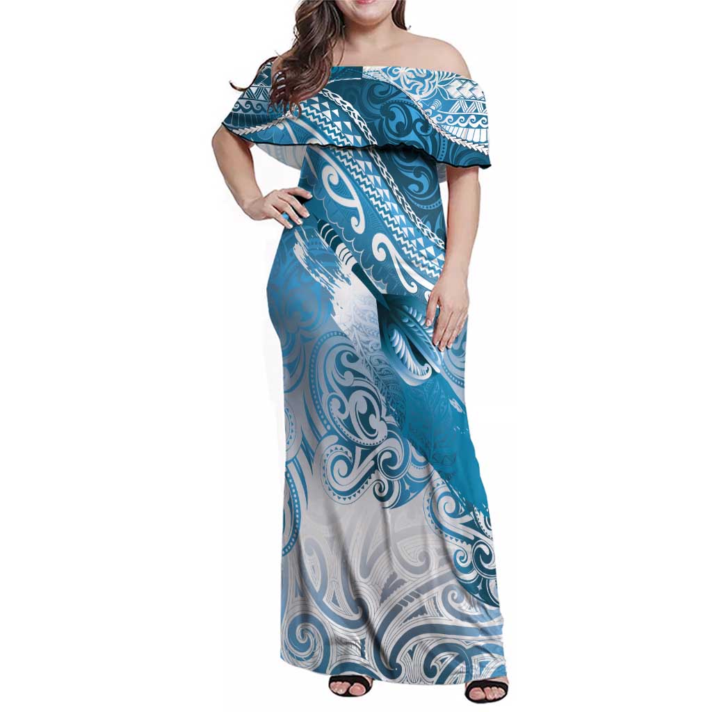 Personalised New Zealand Aotearoa Darts Masters Family Matching Off Shoulder Maxi Dress and Hawaiian Shirt Maori Art Tattoo with Tribal Dart Symbol Blue LT03 Mom's Dress Blue - Polynesian Pride