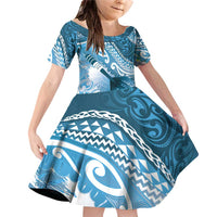 Personalised New Zealand Aotearoa Darts Masters Family Matching Off Shoulder Short Dress and Hawaiian Shirt Maori Art Tattoo with Tribal Dart Symbol Blue LT03 Daughter's Dress Blue - Polynesian Pride