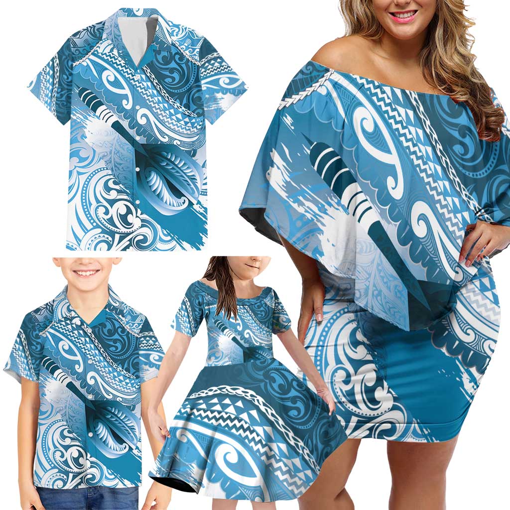 Personalised New Zealand Aotearoa Darts Masters Family Matching Off Shoulder Short Dress and Hawaiian Shirt Maori Art Tattoo with Tribal Dart Symbol Blue LT03 - Polynesian Pride