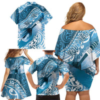 Personalised New Zealand Aotearoa Darts Masters Family Matching Off Shoulder Short Dress and Hawaiian Shirt Maori Art Tattoo with Tribal Dart Symbol Blue LT03 - Polynesian Pride