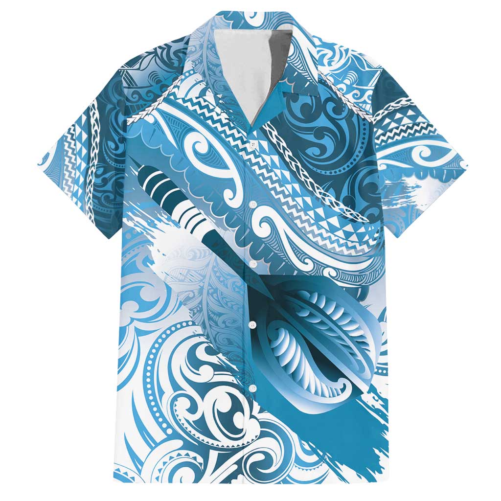 Personalised New Zealand Aotearoa Darts Masters Family Matching Off Shoulder Short Dress and Hawaiian Shirt Maori Art Tattoo with Tribal Dart Symbol Blue LT03 Dad's Shirt - Short Sleeve Blue - Polynesian Pride