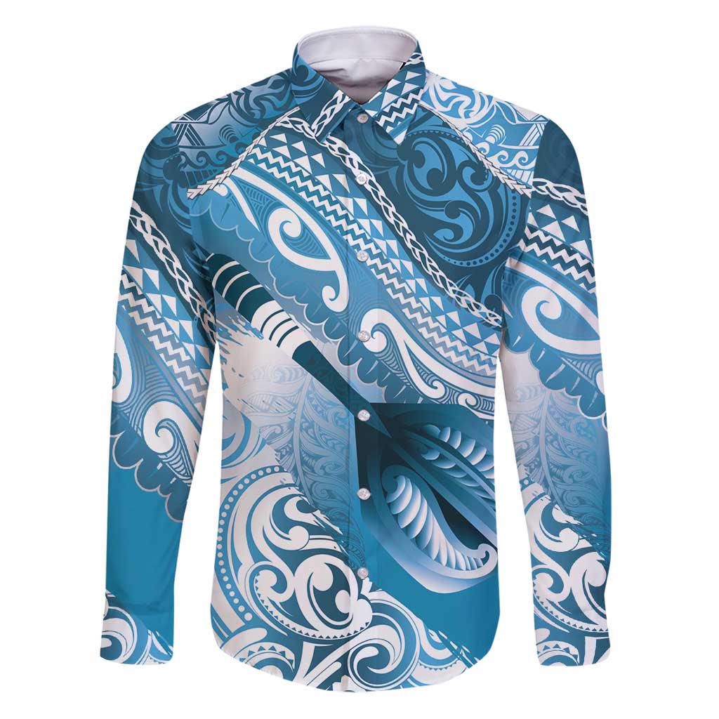 Personalised New Zealand Aotearoa Darts Masters Family Matching Puletasi and Hawaiian Shirt Maori Art Tattoo with Tribal Dart Symbol Blue LT03 Dad's Shirt - Long Sleeve Blue - Polynesian Pride