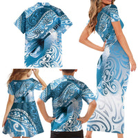 Personalised New Zealand Aotearoa Darts Masters Family Matching Short Sleeve Bodycon Dress and Hawaiian Shirt Maori Art Tattoo with Tribal Dart Symbol Blue LT03 - Polynesian Pride