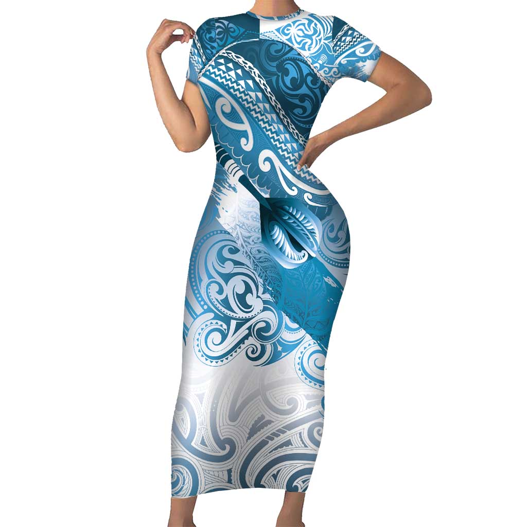 Personalised New Zealand Aotearoa Darts Masters Family Matching Short Sleeve Bodycon Dress and Hawaiian Shirt Maori Art Tattoo with Tribal Dart Symbol Blue LT03 Mom's Dress Blue - Polynesian Pride