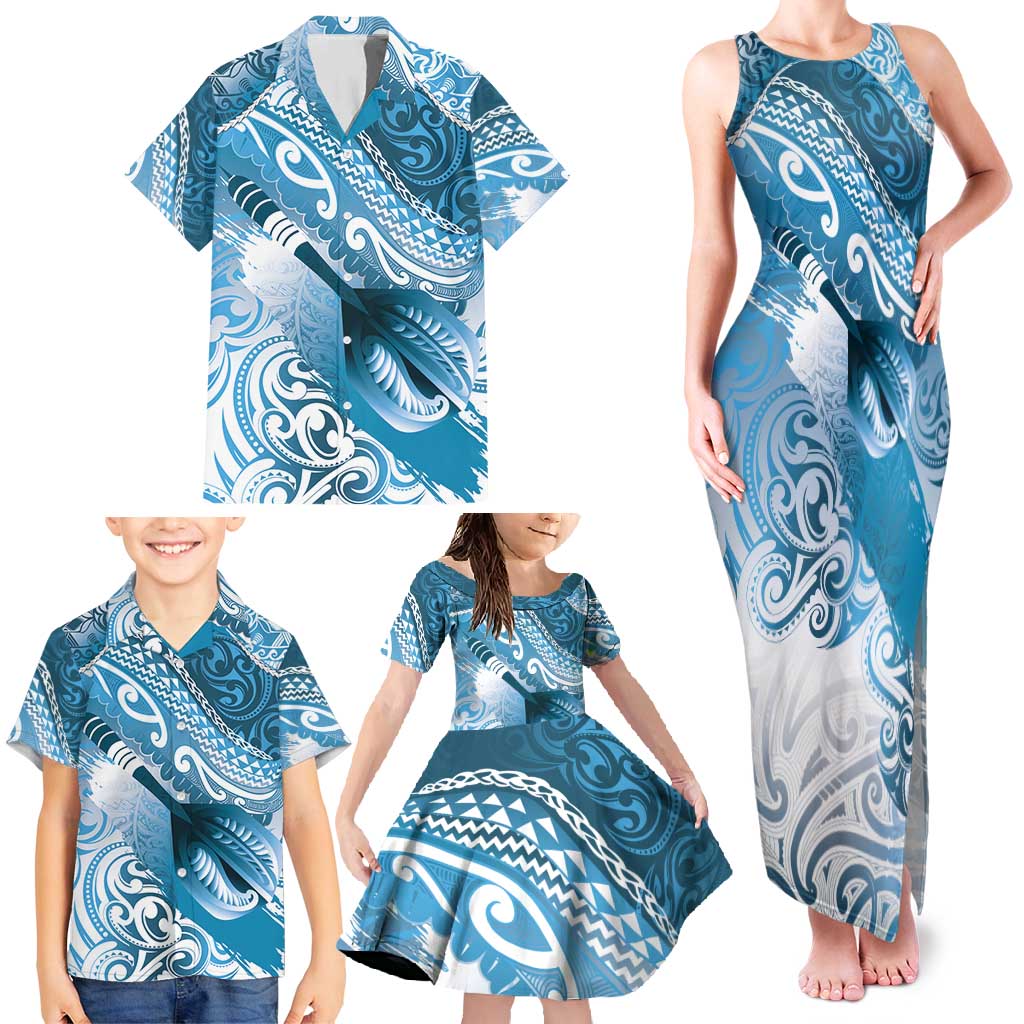 Personalised New Zealand Aotearoa Darts Masters Family Matching Tank Maxi Dress and Hawaiian Shirt Maori Art Tattoo with Tribal Dart Symbol Blue LT03 - Polynesian Pride