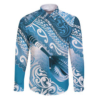 Personalised New Zealand Aotearoa Darts Masters Family Matching Tank Maxi Dress and Hawaiian Shirt Maori Art Tattoo with Tribal Dart Symbol Blue LT03 Dad's Shirt - Long Sleeve Blue - Polynesian Pride