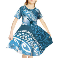 Personalised New Zealand Aotearoa Darts Masters Kid Short Sleeve Dress Maori Art Tattoo with Tribal Dart Symbol Blue LT03 - Polynesian Pride