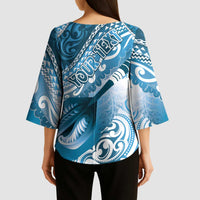 Personalised New Zealand Aotearoa Darts Masters Kimono Sleeve Blouse Maori Art Tattoo with Tribal Dart Symbol Blue LT03 - Polynesian Pride