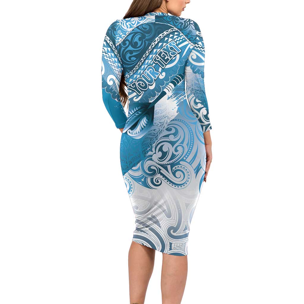 Personalised New Zealand Aotearoa Darts Masters Long Sleeve Bodycon Dress Maori Art Tattoo with Tribal Dart Symbol Blue LT03 - Polynesian Pride