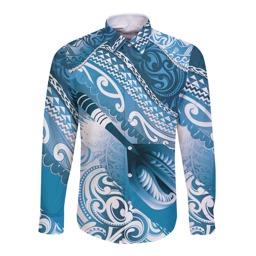 Personalised New Zealand Aotearoa Darts Masters Long Sleeve Button Shirt Maori Art Tattoo with Tribal Dart Symbol Blue LT03 Unisex Blue - Polynesian Pride