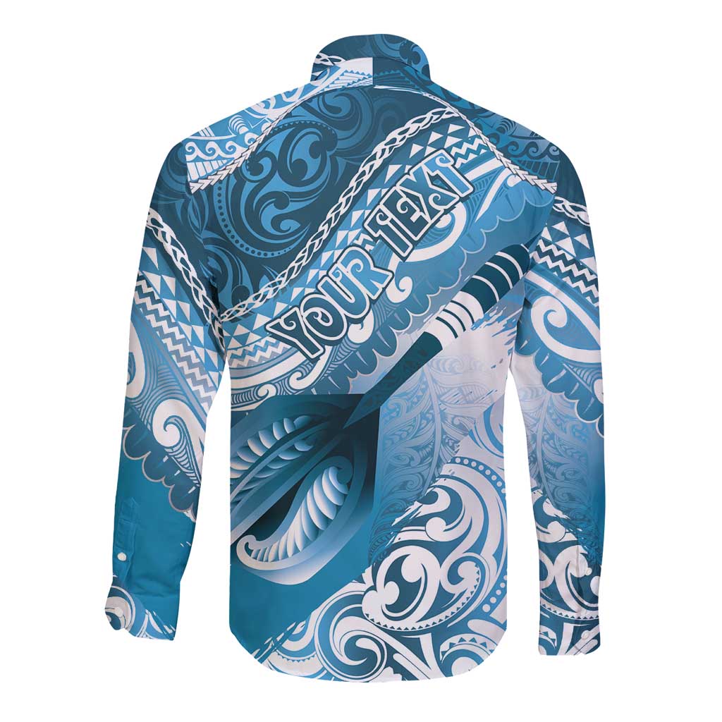Personalised New Zealand Aotearoa Darts Masters Long Sleeve Button Shirt Maori Art Tattoo with Tribal Dart Symbol Blue LT03 - Polynesian Pride