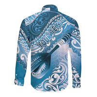 Personalised New Zealand Aotearoa Darts Masters Long Sleeve Button Shirt Maori Art Tattoo with Tribal Dart Symbol Blue LT03 - Polynesian Pride