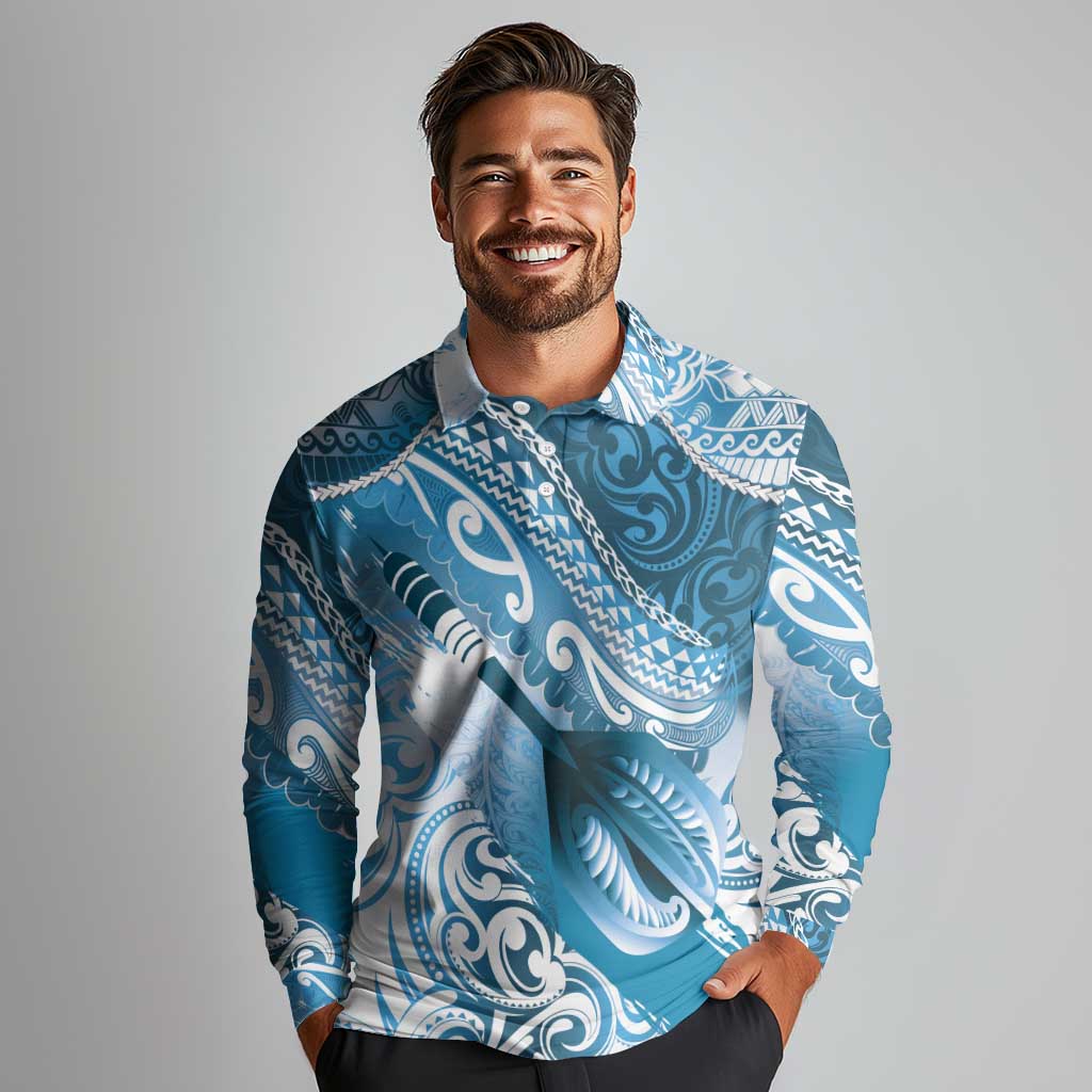 Personalised New Zealand Aotearoa Darts Masters Long Sleeve Polo Shirt Maori Art Tattoo with Tribal Dart Symbol Blue LT03 - Polynesian Pride
