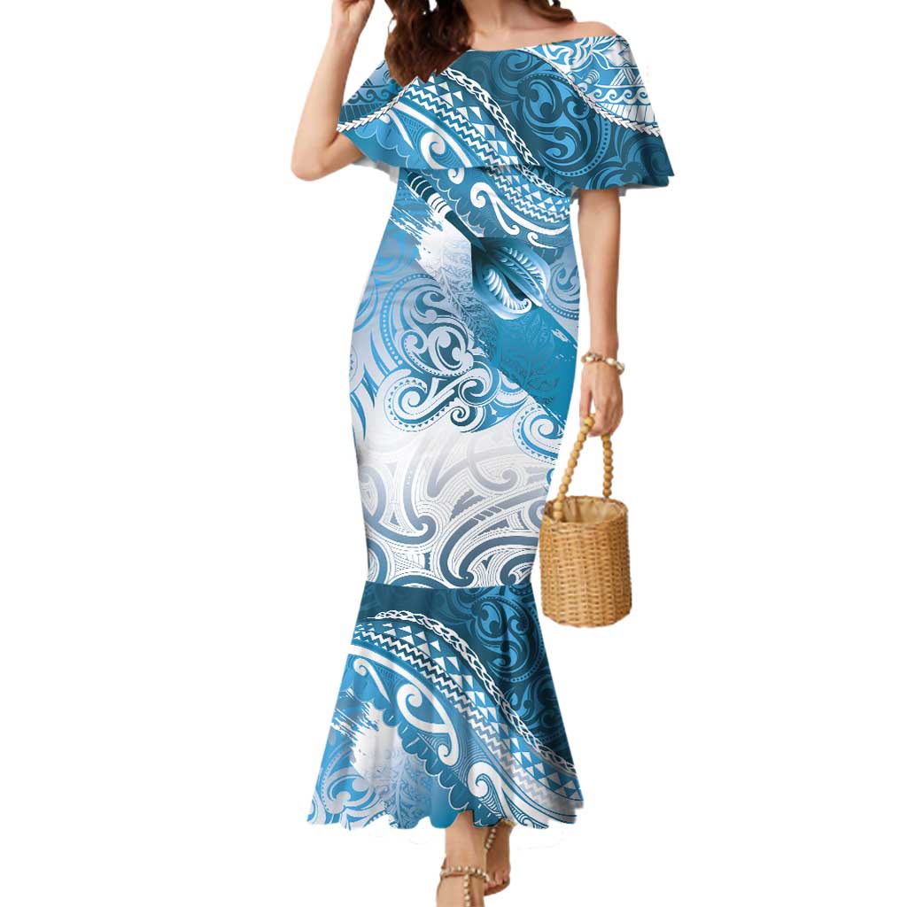 Personalised New Zealand Aotearoa Darts Masters Mermaid Dress Maori Art Tattoo with Tribal Dart Symbol Blue LT03 Women Blue - Polynesian Pride