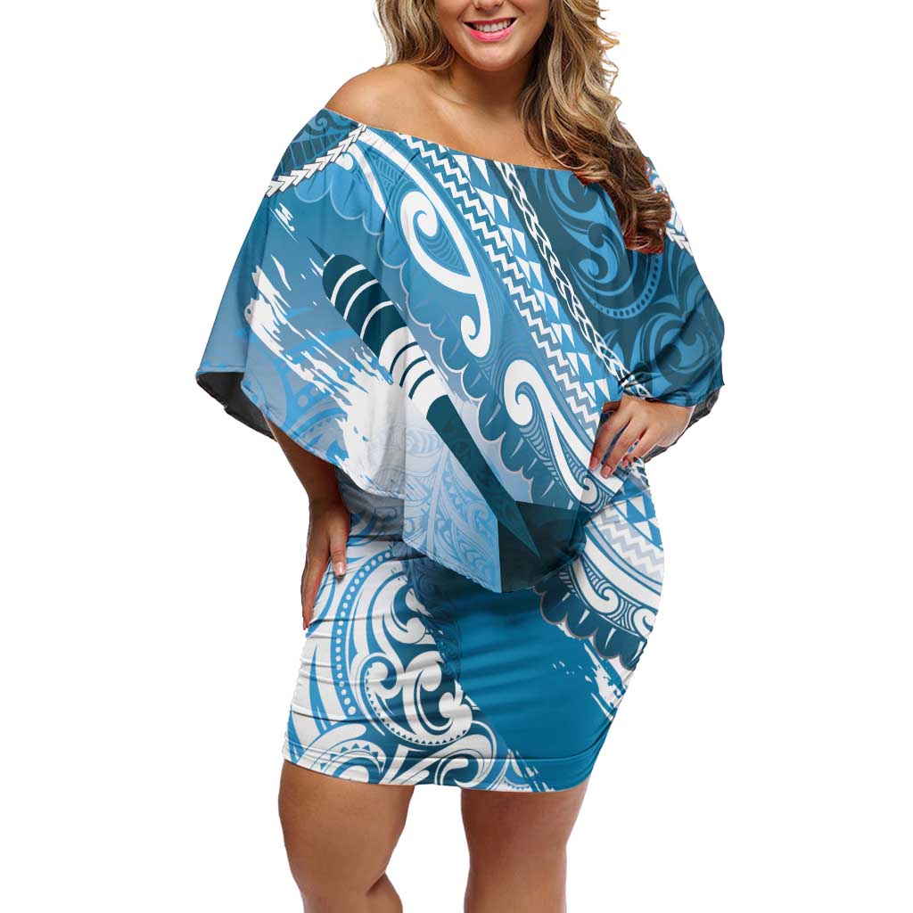Personalised New Zealand Aotearoa Darts Masters Off Shoulder Short Dress Maori Art Tattoo with Tribal Dart Symbol Blue LT03 Women Blue - Polynesian Pride