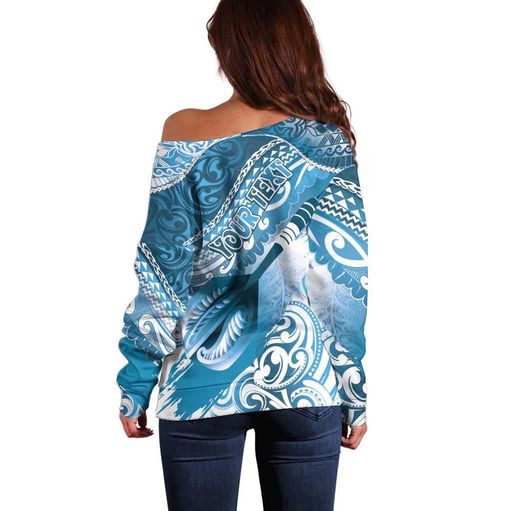 Personalised New Zealand Aotearoa Darts Masters Off Shoulder Sweater Maori Art Tattoo with Tribal Dart Symbol Blue - Polynesian Pride