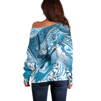 Personalised New Zealand Aotearoa Darts Masters Off Shoulder Sweater Maori Art Tattoo with Tribal Dart Symbol Blue - Polynesian Pride
