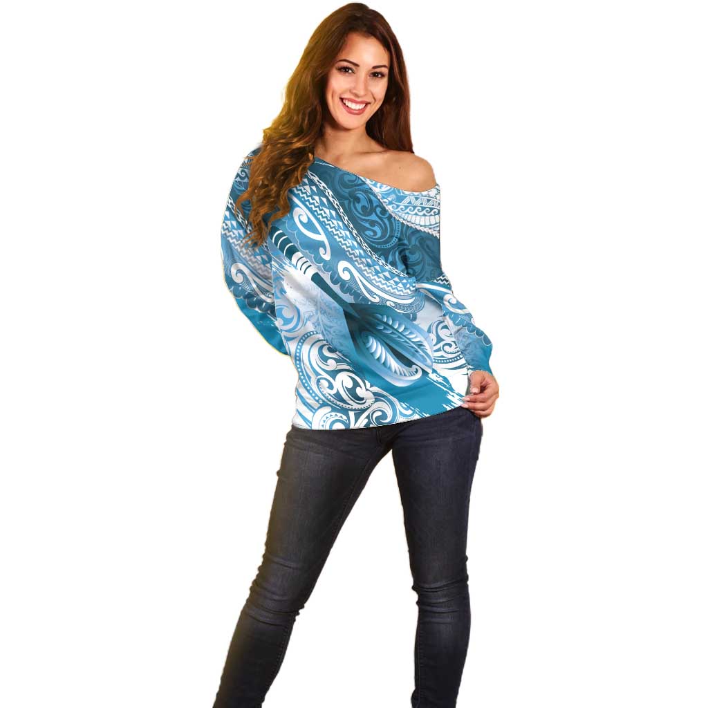 Personalised New Zealand Aotearoa Darts Masters Off Shoulder Sweater Maori Art Tattoo with Tribal Dart Symbol Blue - Polynesian Pride