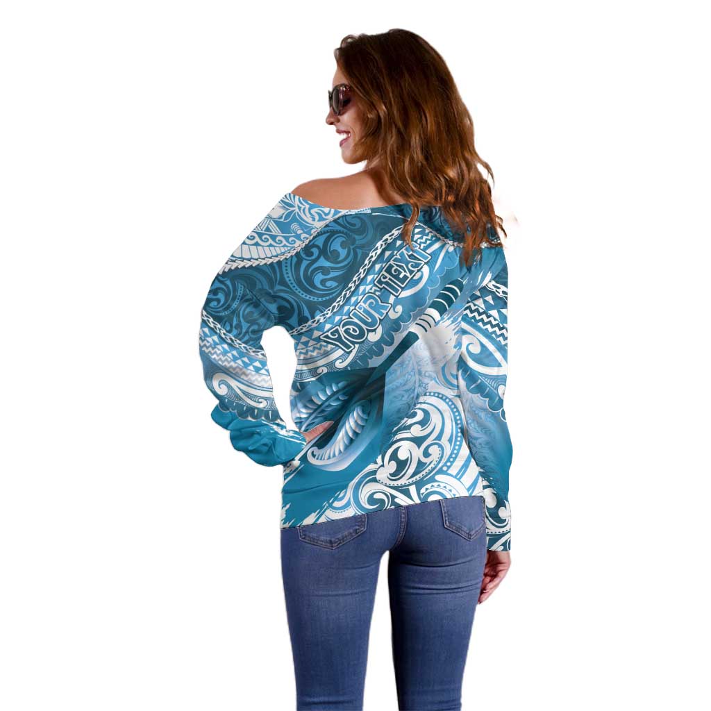 Personalised New Zealand Aotearoa Darts Masters Off Shoulder Sweater Maori Art Tattoo with Tribal Dart Symbol Blue - Polynesian Pride