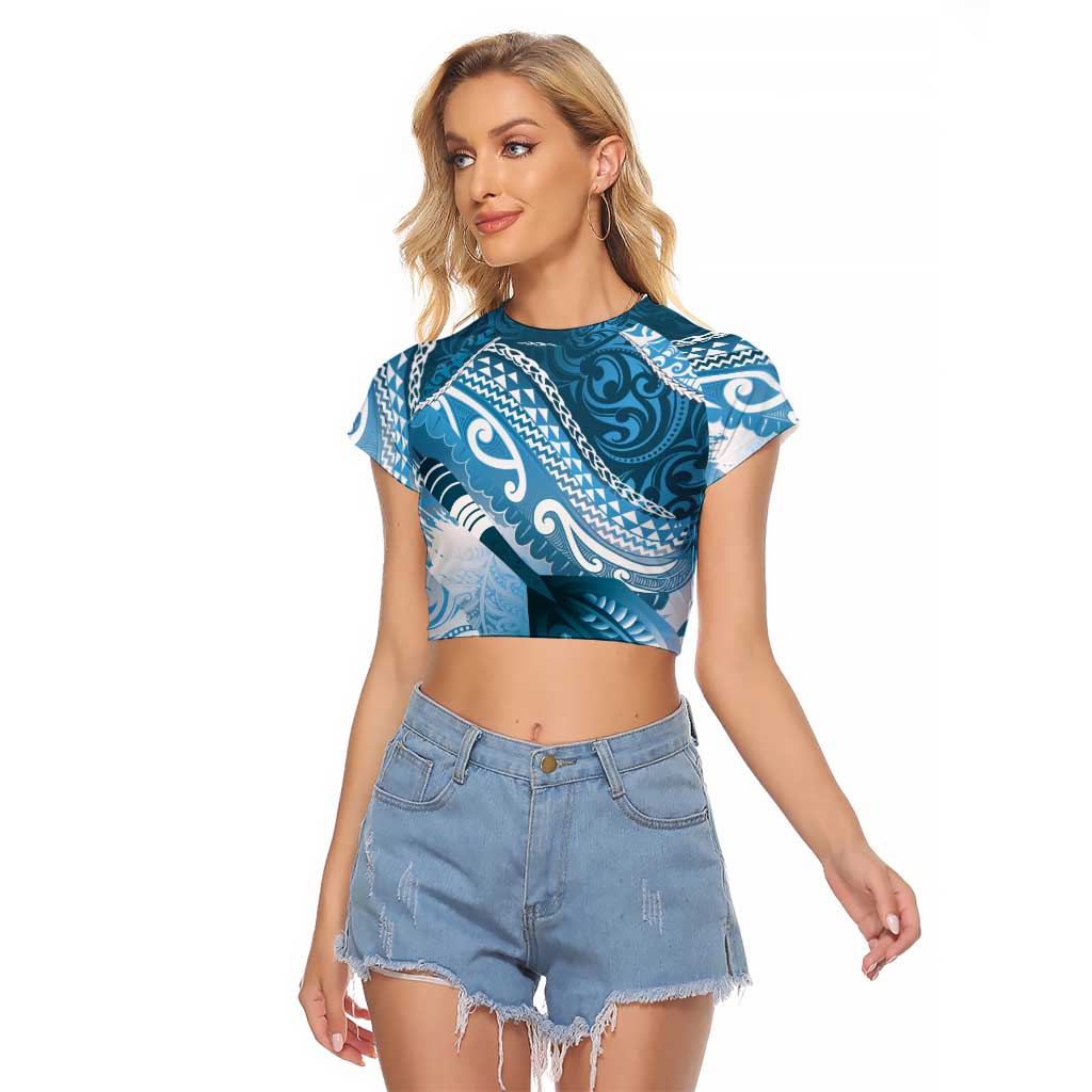 Personalised New Zealand Aotearoa Darts Masters Raglan Cropped T Shirt Maori Art Tattoo with Tribal Dart Symbol Blue LT03 Female Blue - Polynesian Pride